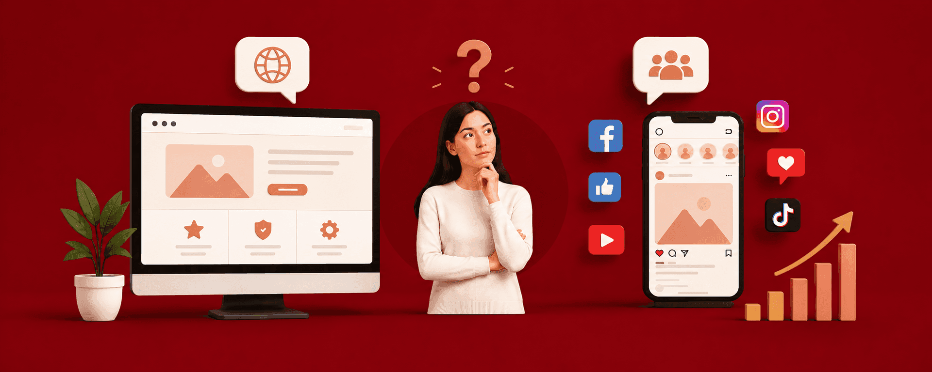 Website vs Social Media: Which Is More Important for Business Growth? Website vs Social Media comparison for business growth, showing a business website and social media platforms as digital marketing channels for brand awareness, lead generation, and online growth.