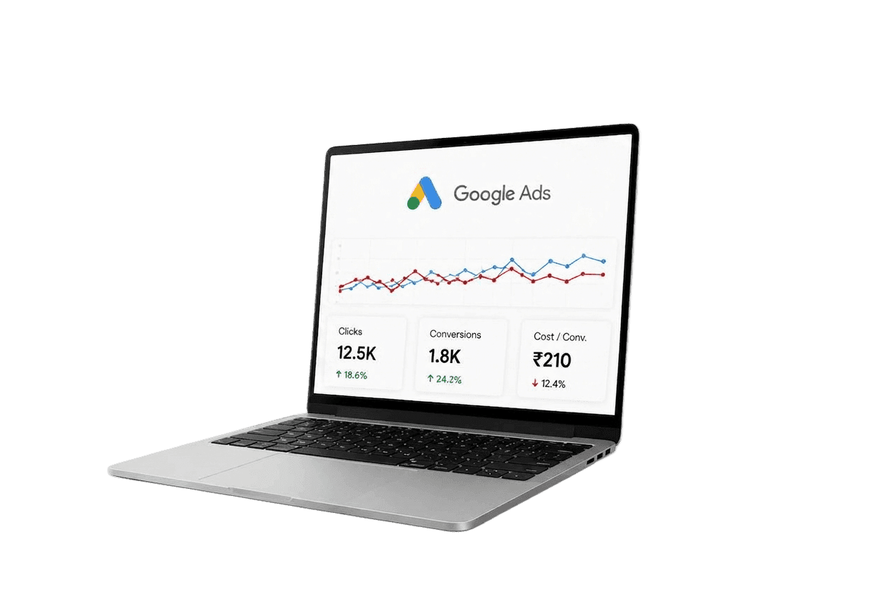 Google Ads performance dashboard on laptop